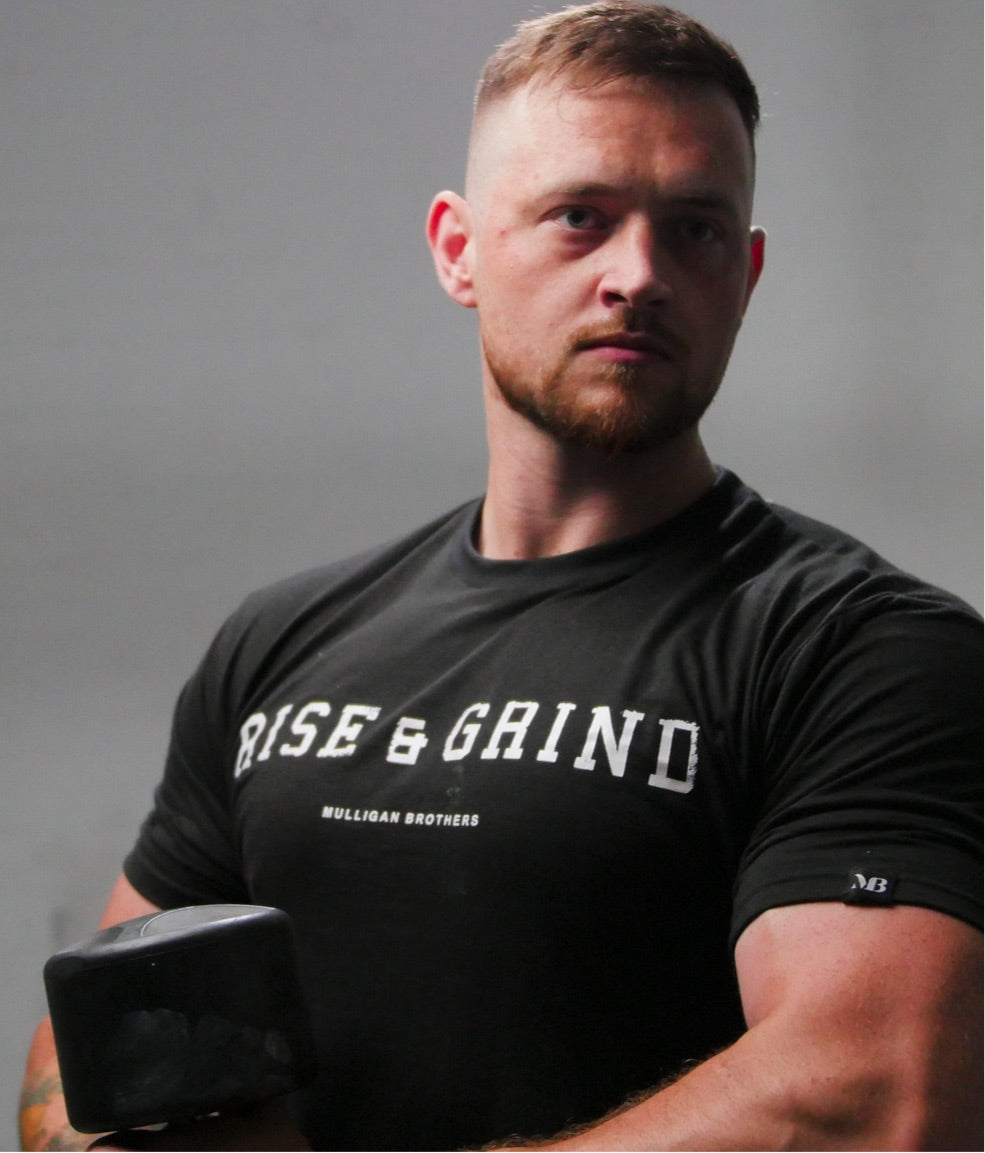 “Rise and Grind” Mulligan Brothers Motivational Gym ) fitted T-shirt Official