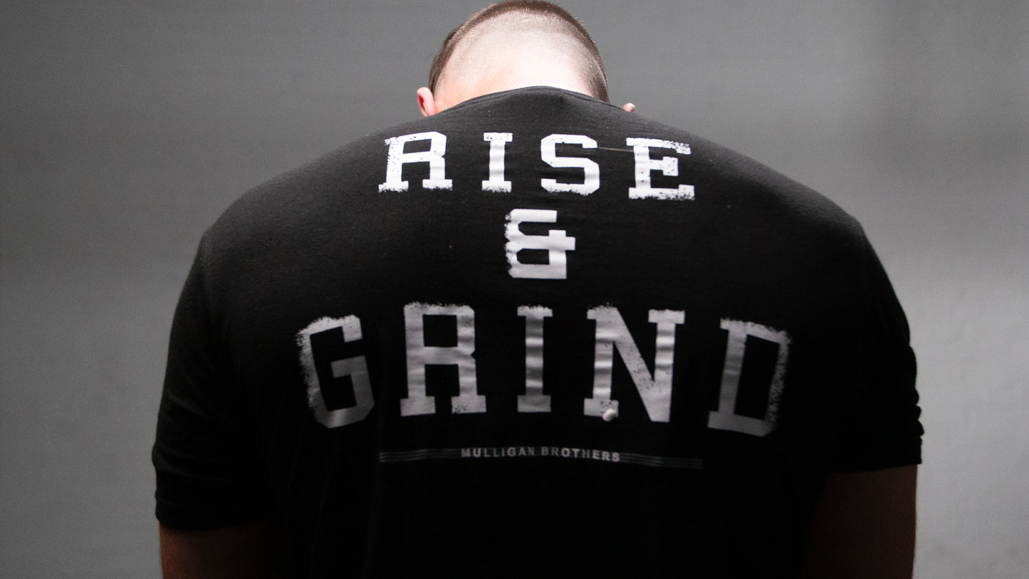 “Rise and Grind” Mulligan Brothers Motivational Gym ) fitted T-shirt Official