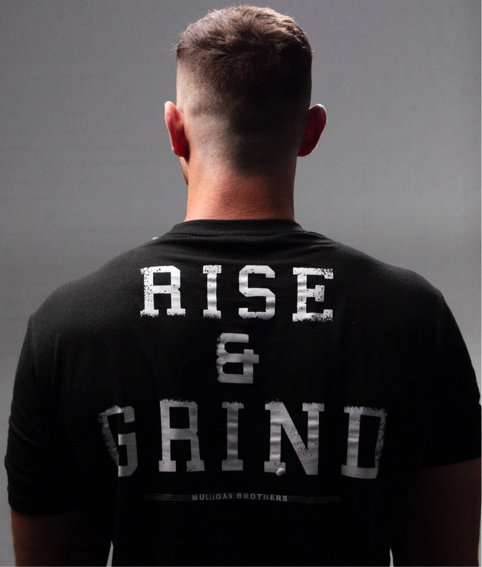 “Rise and Grind” Mulligan Brothers Motivational Gym ) fitted T-shirt Official